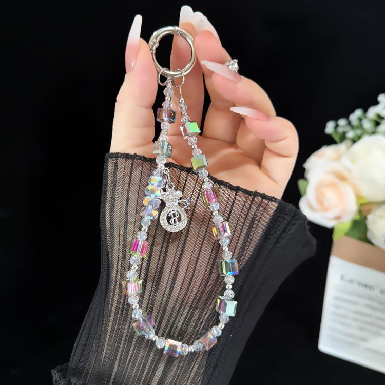 Prosperous Lucky Money Bag Cube Sugar Crystal Phone Chain, Pink, Purple