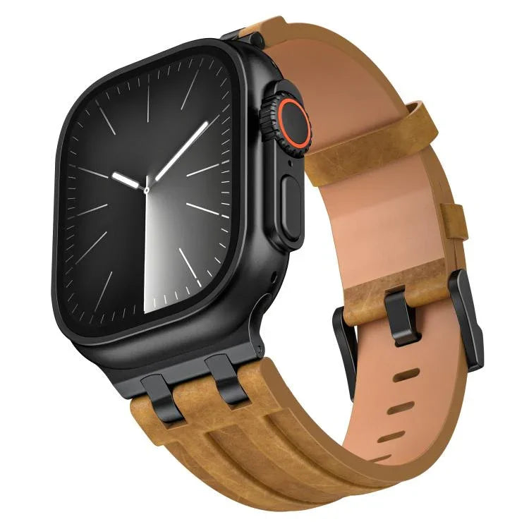 クレイジーホース ヴィーガンレザー ステンレススチール ブラックバックル ウォッチバンド、Apple Watch 46mm / 49mm / 45mm / 44mm用