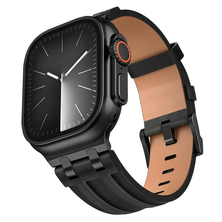 クレイジーホース ヴィーガンレザー ステンレススチール ブラックバックル ウォッチバンド、Apple Watch 46mm / 49mm / 45mm / 44mm用
