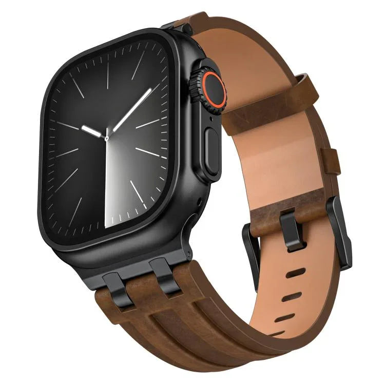 クレイジーホース ヴィーガンレザー ステンレススチール ブラックバックル ウォッチバンド、Apple Watch 46mm / 49mm / 45mm / 44mm用