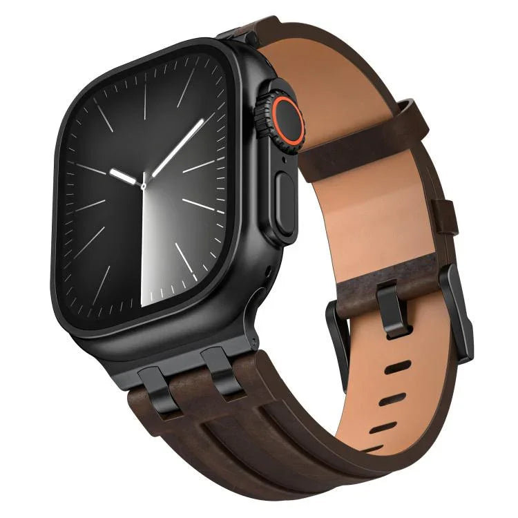 クレイジーホース ヴィーガンレザー ステンレススチール ブラックバックル ウォッチバンド、Apple Watch 46mm / 49mm / 45mm / 44mm用