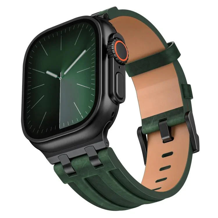 クレイジーホース ヴィーガンレザー ステンレススチール ブラックバックル ウォッチバンド、Apple Watch 46mm / 49mm / 45mm / 44mm用