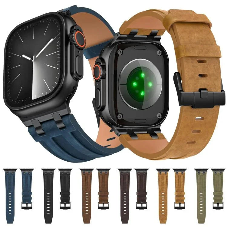 クレイジーホース ヴィーガンレザー ステンレススチール ブラックバックル ウォッチバンド、Apple Watch 46mm / 49mm / 45mm / 44mm用
