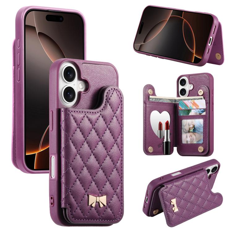 ミラーひし形テクスチャメタルリボンベーガンレザーカードバッグスマホケース、iPhone 17 Pro Max用、iPhone 17 Pro用、iPhone 17用、iPhone 16 Pro Max用、iPhone 16 Pro用、iPhone 16 Plus用、iPhone 16用