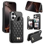 ミラーひし形テクスチャメタルリボンベーガンレザーカードバッグスマホケース、iPhone 17 Pro Max用、iPhone 17 Pro用、iPhone 17用、iPhone 16 Pro Max用、iPhone 16 Pro用、iPhone 16 Plus用、iPhone 16用