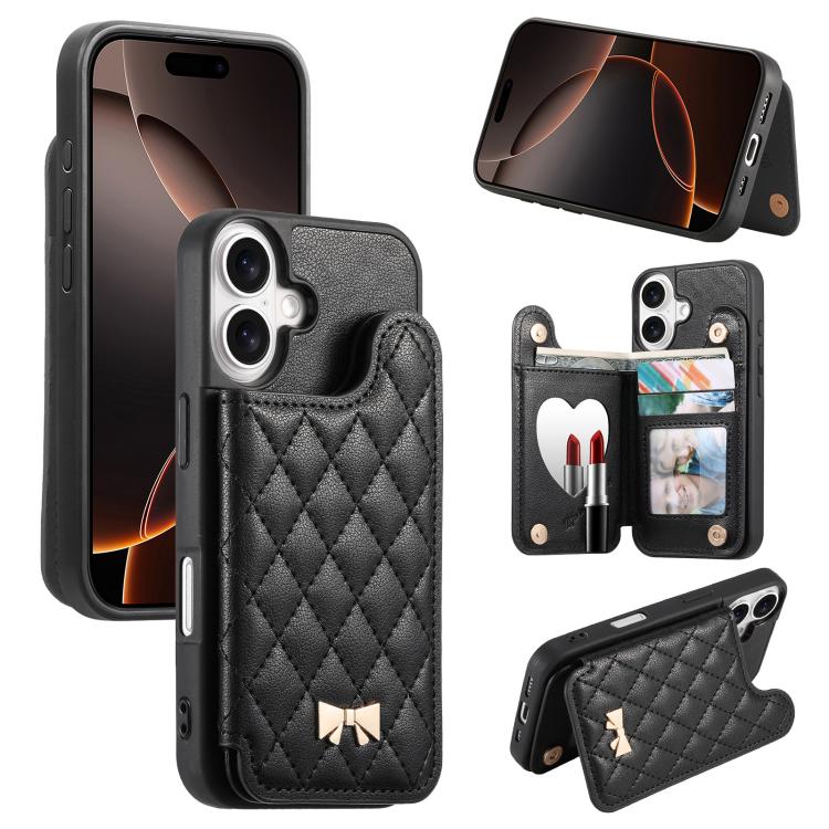 ミラーひし形テクスチャメタルリボンベーガンレザーカードバッグスマホケース、iPhone 17 Pro Max用、iPhone 17 Pro用、iPhone 17用、iPhone 16 Pro Max用、iPhone 16 Pro用、iPhone 16 Plus用、iPhone 16用