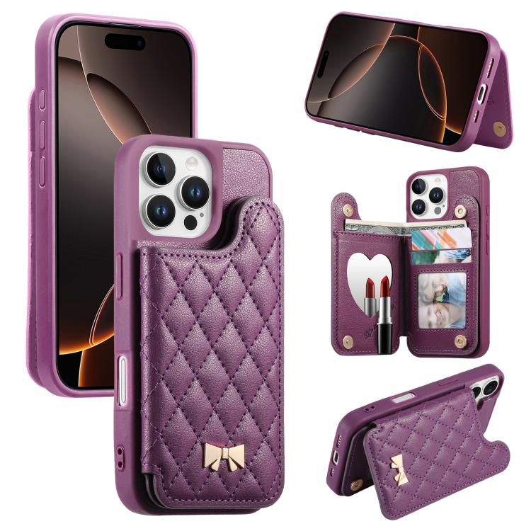 ミラーひし形テクスチャメタルリボンベーガンレザーカードバッグスマホケース、iPhone 17 Pro Max用、iPhone 17 Pro用、iPhone 17用、iPhone 16 Pro Max用、iPhone 16 Pro用、iPhone 16 Plus用、iPhone 16用