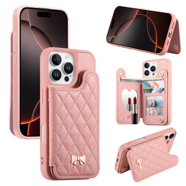 ミラーひし形テクスチャメタルリボンベーガンレザーカードバッグスマホケース、iPhone 17 Pro Max用、iPhone 17 Pro用、iPhone 17用、iPhone 16 Pro Max用、iPhone 16 Pro用、iPhone 16 Plus用、iPhone 16用