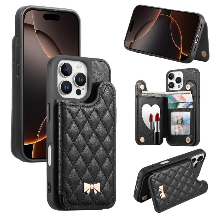 ミラーひし形テクスチャメタルリボンベーガンレザーカードバッグスマホケース、iPhone 17 Pro Max用、iPhone 17 Pro用、iPhone 17用、iPhone 16 Pro Max用、iPhone 16 Pro用、iPhone 16 Plus用、iPhone 16用