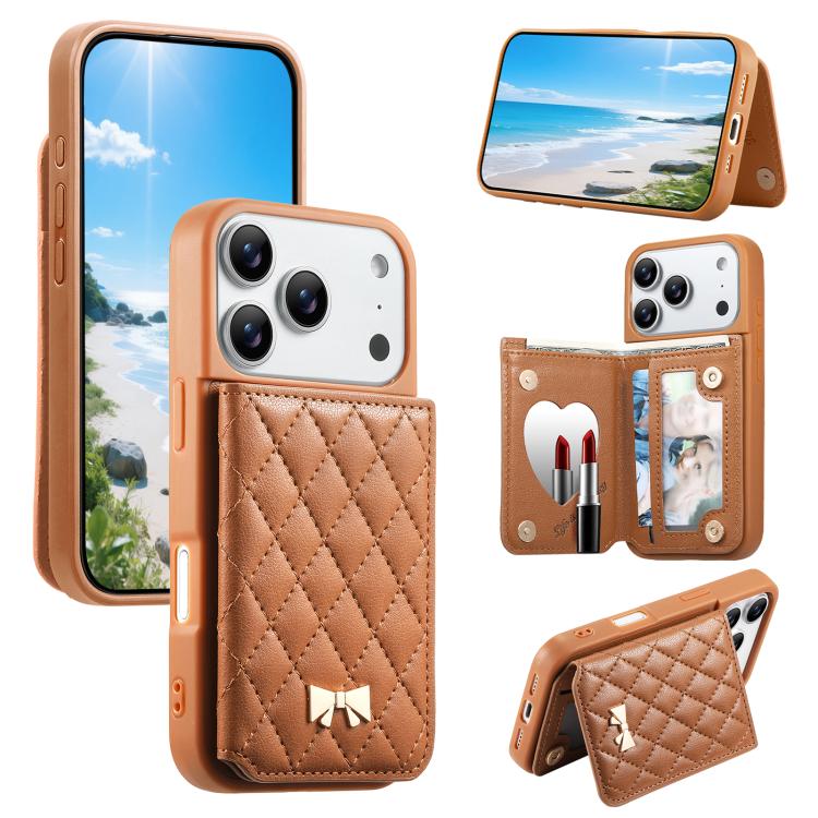 ミラーひし形テクスチャメタルリボンベーガンレザーカードバッグスマホケース、iPhone 17 Pro Max用、iPhone 17 Pro用、iPhone 17用、iPhone 16 Pro Max用、iPhone 16 Pro用、iPhone 16 Plus用、iPhone 16用