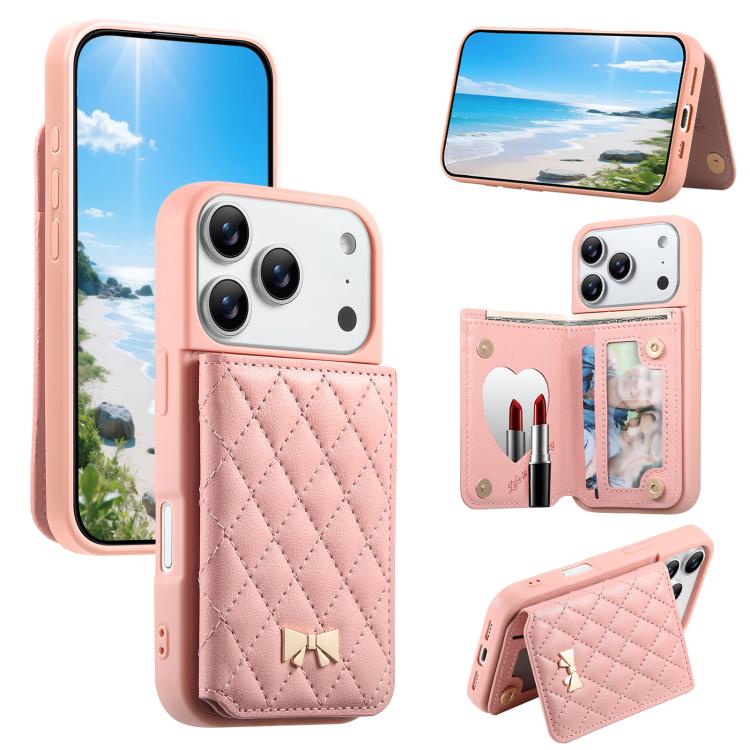 ミラーひし形テクスチャメタルリボンベーガンレザーカードバッグスマホケース、iPhone 17 Pro Max用、iPhone 17 Pro用、iPhone 17用、iPhone 16 Pro Max用、iPhone 16 Pro用、iPhone 16 Plus用、iPhone 16用
