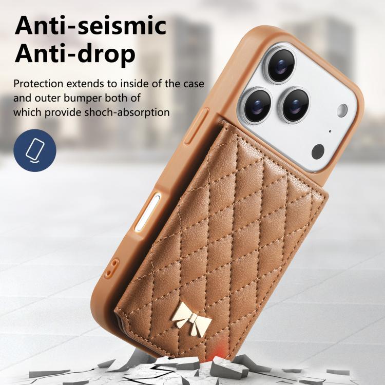 ミラーひし形テクスチャメタルリボンベーガンレザーカードバッグスマホケース、iPhone 17 Pro Max用、iPhone 17 Pro用、iPhone 17用、iPhone 16 Pro Max用、iPhone 16 Pro用、iPhone 16 Plus用、iPhone 16用