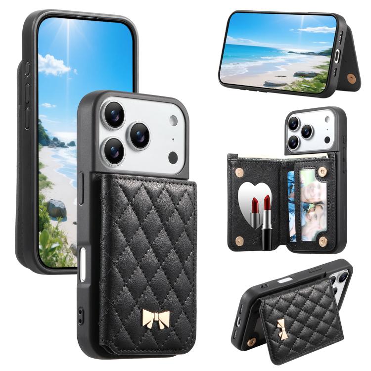 ミラーひし形テクスチャメタルリボンベーガンレザーカードバッグスマホケース、iPhone 17 Pro Max用、iPhone 17 Pro用、iPhone 17用、iPhone 16 Pro Max用、iPhone 16 Pro用、iPhone 16 Plus用、iPhone 16用