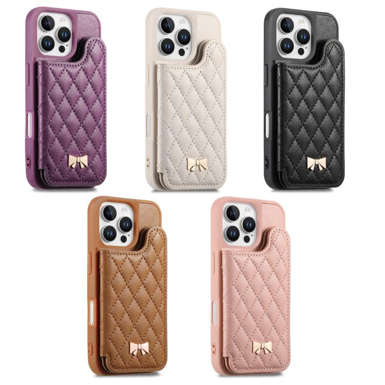 ミラーひし形テクスチャメタルリボンベーガンレザーカードバッグスマホケース、iPhone 17 Pro Max用、iPhone 17 Pro用、iPhone 17用、iPhone 16 Pro Max用、iPhone 16 Pro用、iPhone 16 Plus用、iPhone 16用