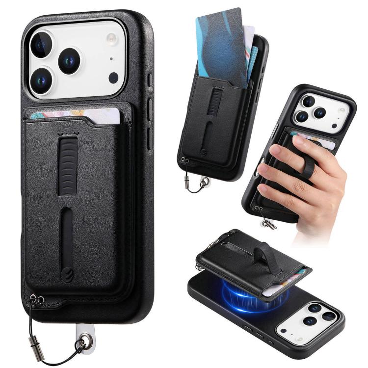 取り外し可能な磁気カードバッグ付きスマホケース 指リンググリップ＆紛失防止ロープ付き、iPhone 17e / 16e用、iPhone 17 Pro Max用、iPhone 17 Pro用、iPhone 17用、iPhone Air用、iPhone 16 Plus用