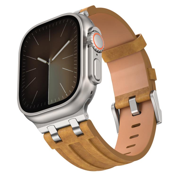 クレイジーホース ヴィーガンレザー ステンレススチール シルバーバックルウォッチバンド、Apple Watch 46mm / 49mm / 45mm / 44mm用
