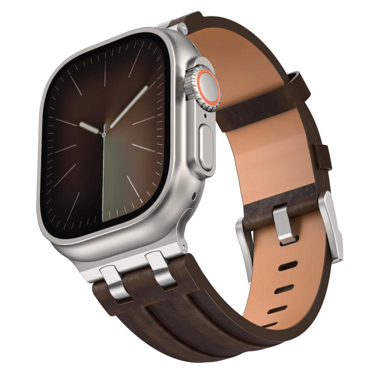 クレイジーホース ヴィーガンレザー ステンレススチール シルバーバックルウォッチバンド、Apple Watch 46mm / 49mm / 45mm / 44mm用