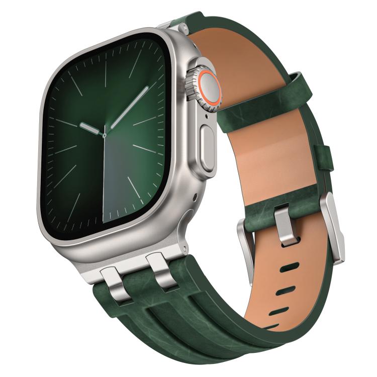 クレイジーホース ヴィーガンレザー ステンレススチール シルバーバックルウォッチバンド、Apple Watch 46mm / 49mm / 45mm / 44mm用