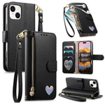 Fantasy Love Heart Zipper Wallet Vegan Leather Phone Case with Strap, For iPhone 13