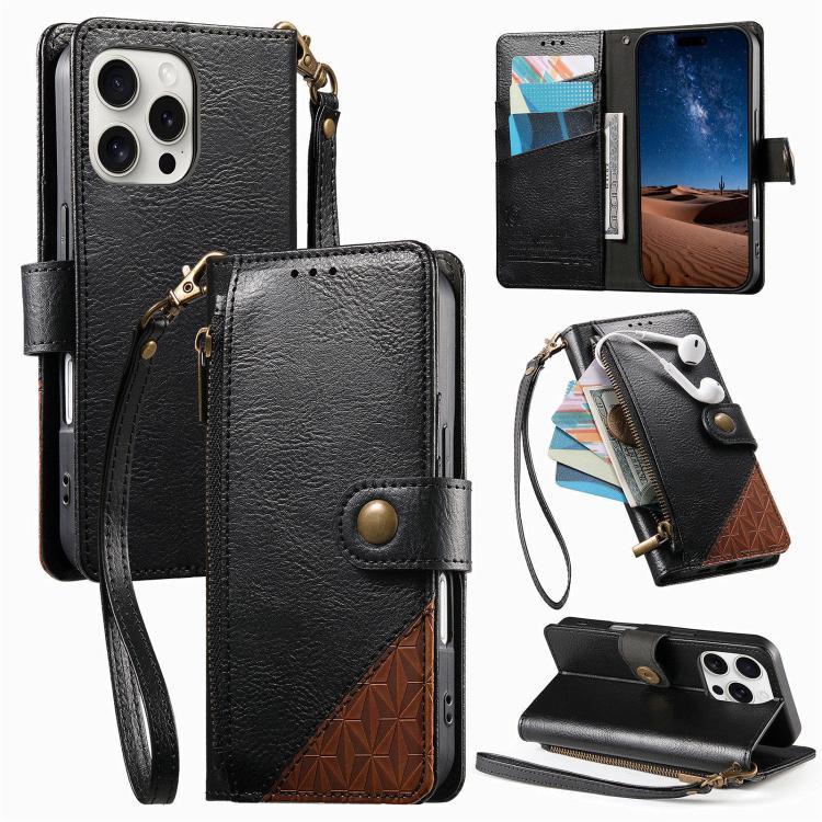 スプライシング ジッパー財布 ヴィーガンレザー 携帯電話ケース ストラップ付き、iPhone 15 Pro Max用、iPhone 15 Pro用、iPhone 15 Plus用、iPhone 15用