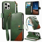 スプライシング ジッパー財布 ヴィーガンレザー 携帯電話ケース ストラップ付き、iPhone 15 Pro Max用、iPhone 15 Pro用、iPhone 15 Plus用、iPhone 15用