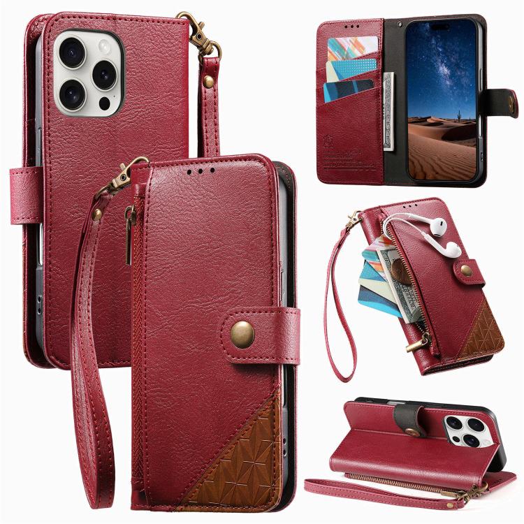 スプライシング ジッパー財布 ヴィーガンレザー 携帯電話ケース ストラップ付き、iPhone 15 Pro Max用、iPhone 15 Pro用、iPhone 15 Plus用、iPhone 15用