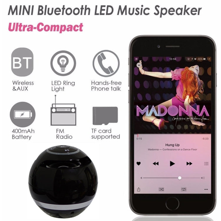 T&G A18 ボール Bluetooth スピーカー LEDライト付き ポータブル ワイヤレス ミニスピーカー モバイルミュージック MP3 サブウーファー TF対応 ブラック、ブルー、ピンク、ホワイト