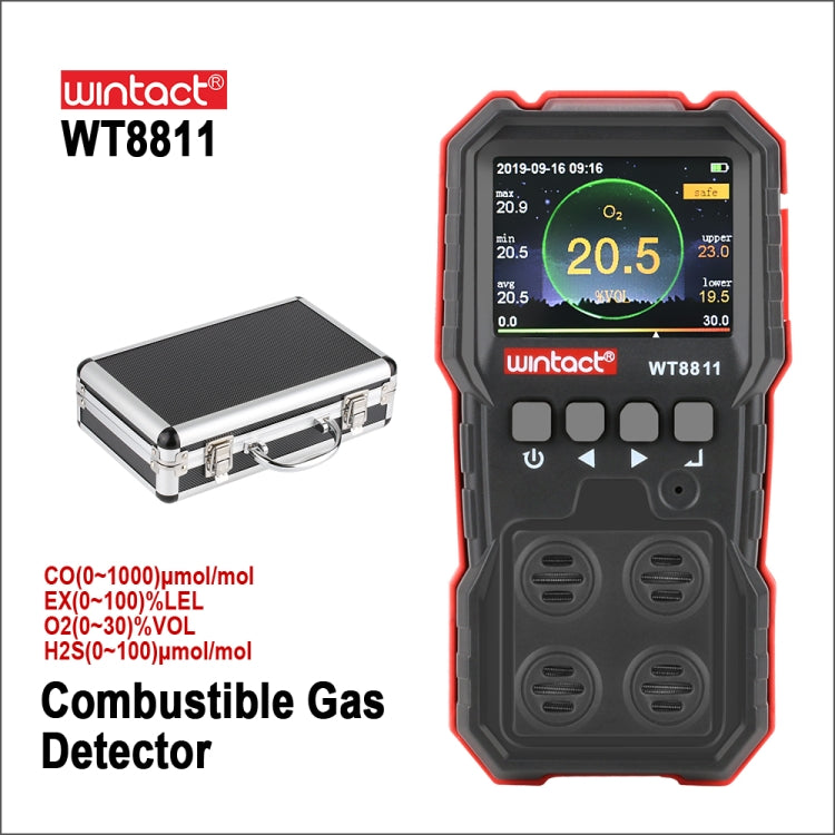 WINTACT WT8811 複合ガスモニター LCDディスプレイ 充電式 多機能 4-in-1 可燃性 O2 H2S CO ガスセンサー 音・光・振動アラーム