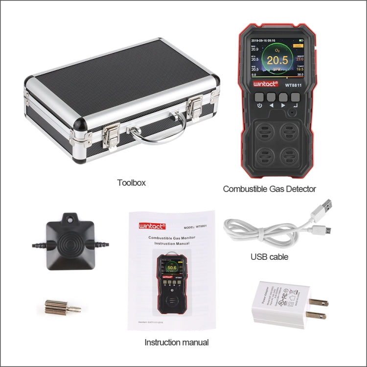WINTACT WT8811 複合ガスモニター LCDディスプレイ 充電式 多機能 4-in-1 可燃性 O2 H2S CO ガスセンサー 音・光・振動アラーム