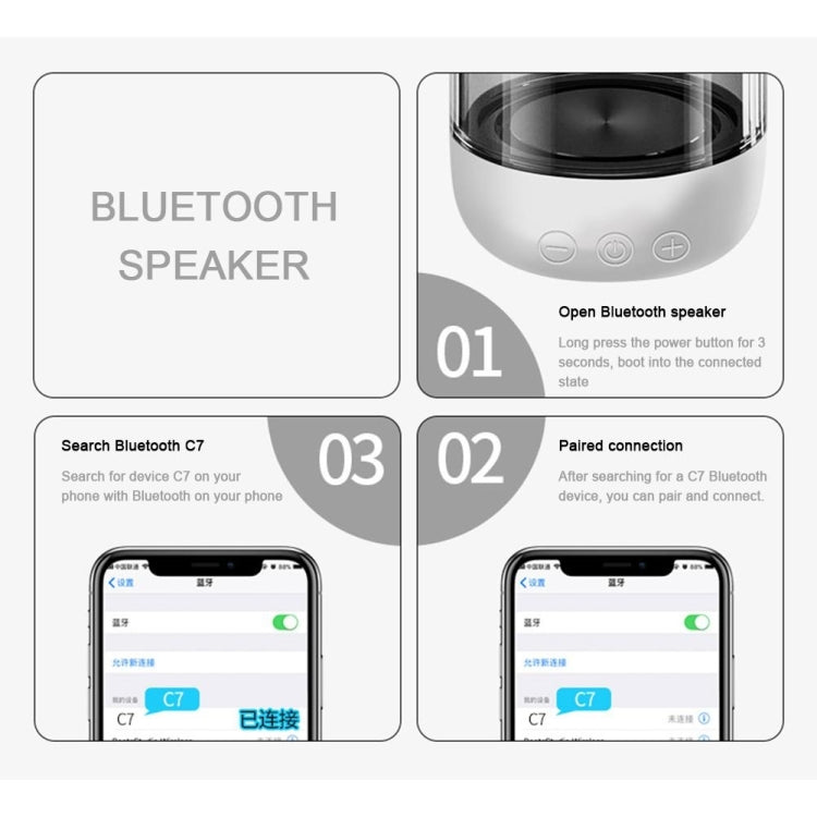 C7 Bluetooth 5.0 スピーカー 透明 LED 発光 サブウーファー TWS 6D サラウンド HIFI ステレオ クールオーディオ、C7