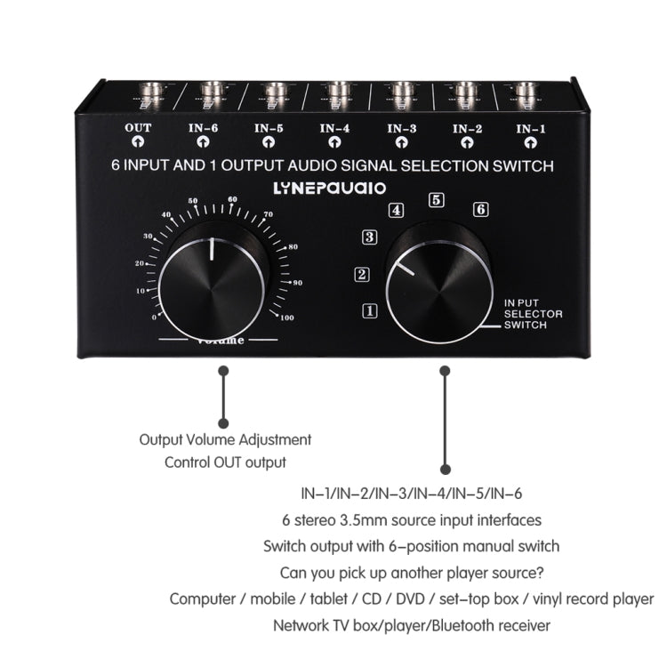 B017 6入力1出力オーディオ信号選択スイッチャー 出力音量調整コントロール 3.5mmインターフェース