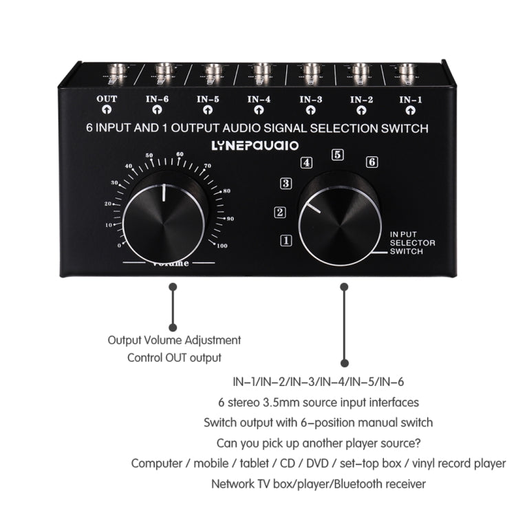 B017 6入力1出力オーディオ信号選択スイッチャー 出力音量調整コントロール 3.5mmインターフェース