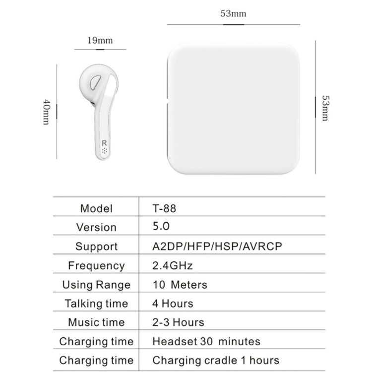 T88 ミニタッチコントロール ハイファイワイヤレスBluetoothイヤホン TWSワイヤレスイヤーバッズ 充電ケース付