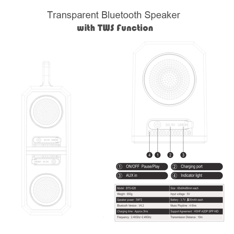 BT628 10W ポータブル TWS 透明 Bluetoothスピーカー 磁気接続ベース付き アウトドアステレオ バスサブウーファー