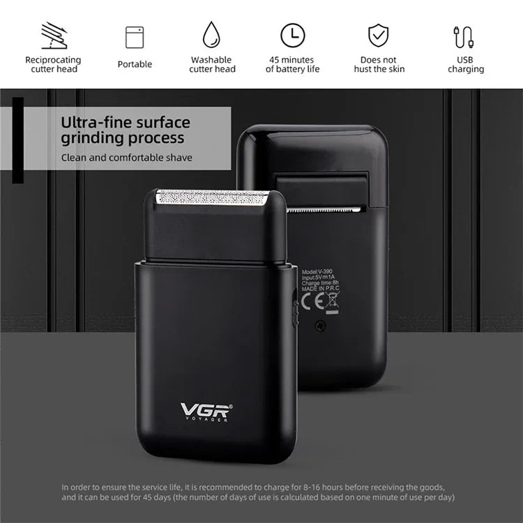 VGR V-390 5W USBポータブル往復式電気シェーバー、V-390（ブラック）、V-390（グリーン）