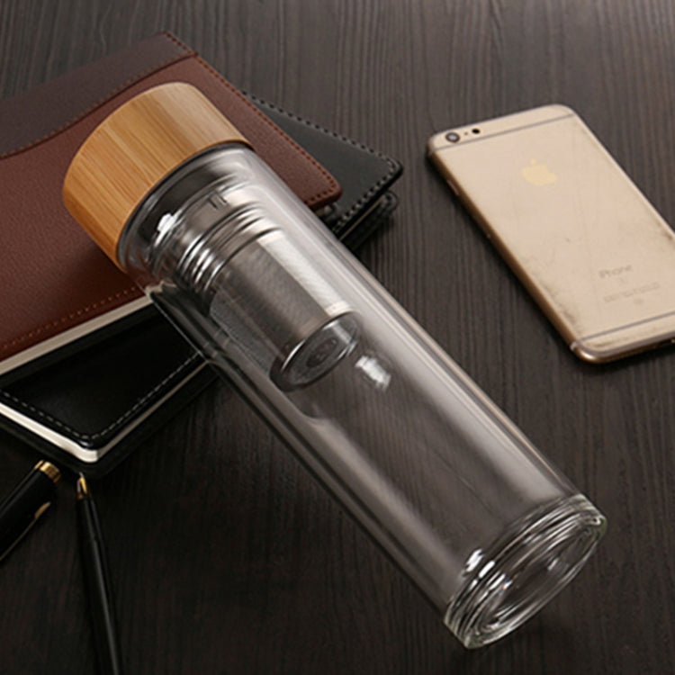 ガラス製 水・お茶ボトル インフューザー付き 竹製蓋 二重壁 コンパクト ポータブル アウトドアボトル、350ML、450ML