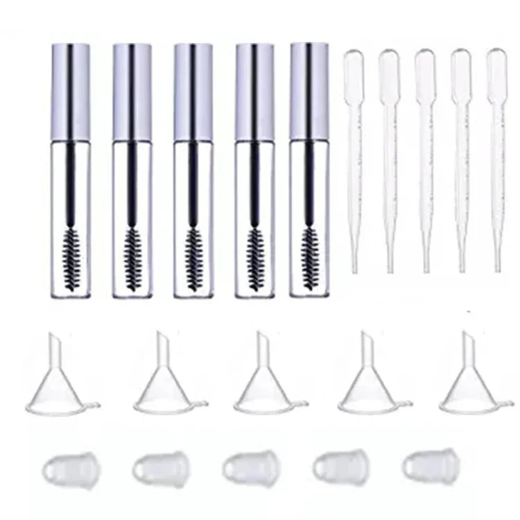 5個セット 12ml 空マスカラチューブ まつげブラシ付き + 5個のじょうごと移し替えピペットセット キャスターオイルDIY容器セット