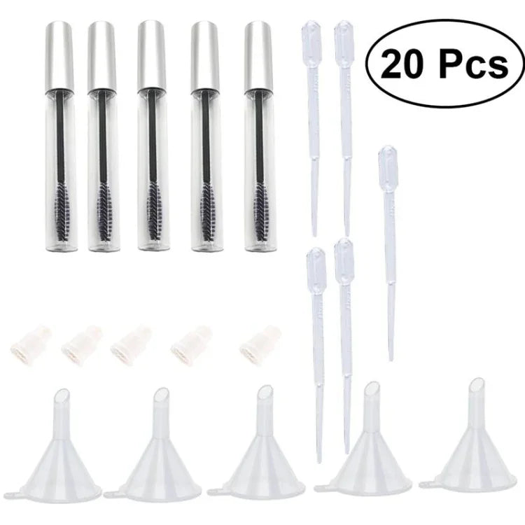 5個セット 12ml 空マスカラチューブ まつげブラシ付き + 5個のじょうごと移し替えピペットセット キャスターオイルDIY容器セット