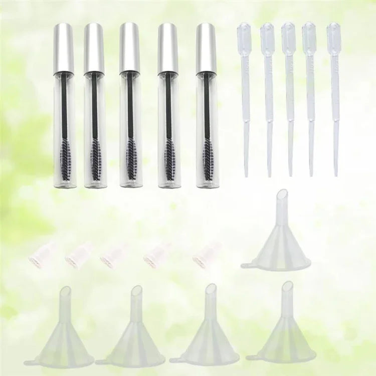 5個セット 12ml 空マスカラチューブ まつげブラシ付き + 5個のじょうごと移し替えピペットセット キャスターオイルDIY容器セット
