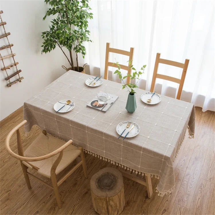 スクエア格子刺繍テーブルクロス 無地 コットンリネン タッセル付き 長方形コーヒーテーブルマット、60x60cm、90x90cm、90x140cm、110x110cm、100x160cm、110x170cm、140x140cm、140x180cm、140x200cm