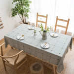 スクエア格子刺繍テーブルクロス 無地 コットンリネン タッセル付き 長方形コーヒーテーブルマット、140x220cm、140x240cm、140x260cm、140x300cm