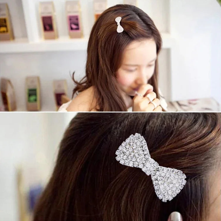 2個セット ファッション 女性用 クリスタル ラインストーンヘアピン ボウノットバレッタ