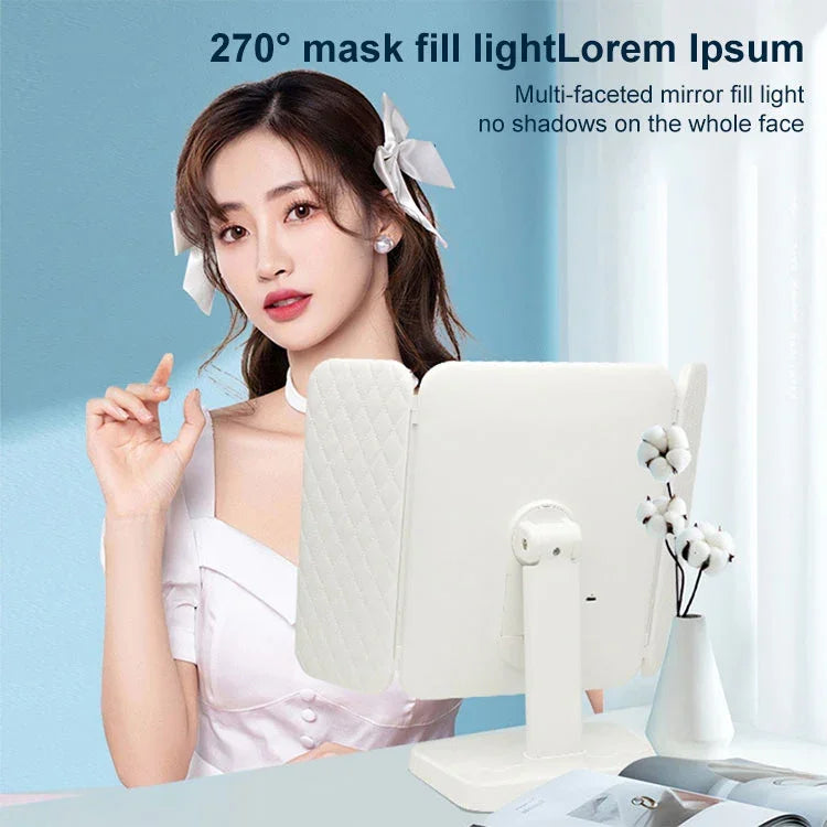 シンプル＆スタイリッシュ LED三つ折りスクエアメイクミラー プラグイン単色ランプ 充電式単色ランプ 充電式三色ライト