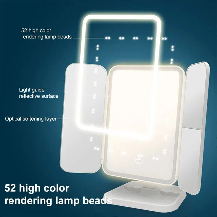 シンプル＆スタイリッシュ LED三つ折りスクエアメイクミラー プラグイン単色ランプ 充電式単色ランプ 充電式三色ライト