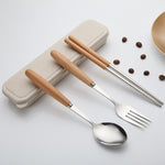 3-in-1 スプーン・箸・フォーク カトラリーセット 三点セット クリエイティブ 学生用 携帯用食器 木製ハンドルスプーン・フォーク・箸三点セット 木製スプーン・箸二点セット