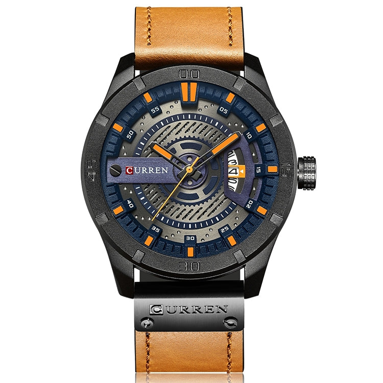 CURREN M8301 メンズミリタリースポーツウォッチ クォーツ日付表示 レザー腕時計、ブラックケースオレンジ、ブラックケースレッド、ブラックケース黒文字盤ダークブラウンバンド、ブラックケースグレー文字盤ライトブラウンバンド、ブラックケースブルー