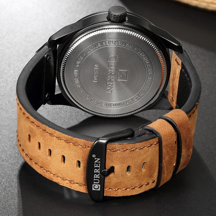 CURREN M8301 メンズミリタリースポーツウォッチ クォーツ日付表示 レザー腕時計、ブラックケースオレンジ、ブラックケースレッド、ブラックケース黒文字盤ダークブラウンバンド、ブラックケースグレー文字盤ライトブラウンバンド、ブラックケースブルー