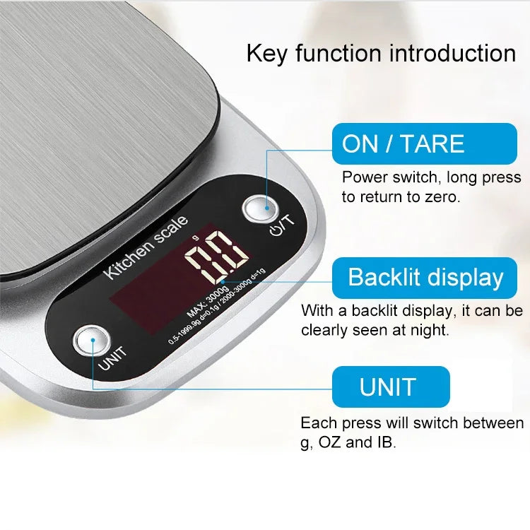 BOH-C305キッチン用ステンレススチールLCD電子スケール、仕様：5kg/0.1g、5kg/0.1g