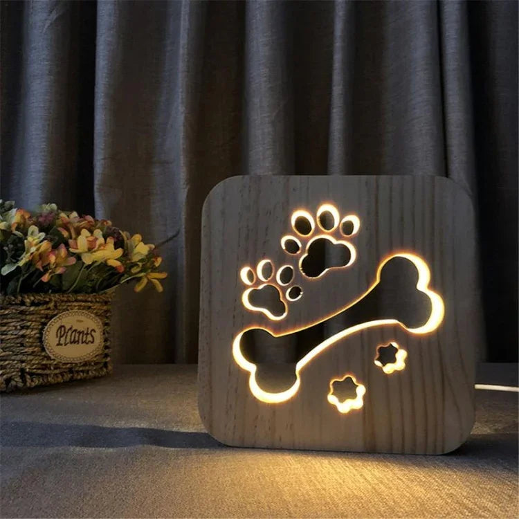 クリエイティブ形状 木製ナイトランプ 寝室装飾 暖色LED, 骨, 猫の足跡, 犬, オオカミ