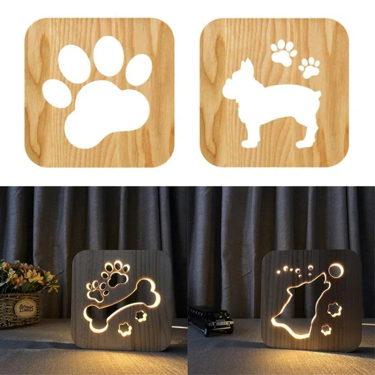 クリエイティブ形状 木製ナイトランプ 寝室装飾 暖色LED, 骨, 猫の足跡, 犬, オオカミ